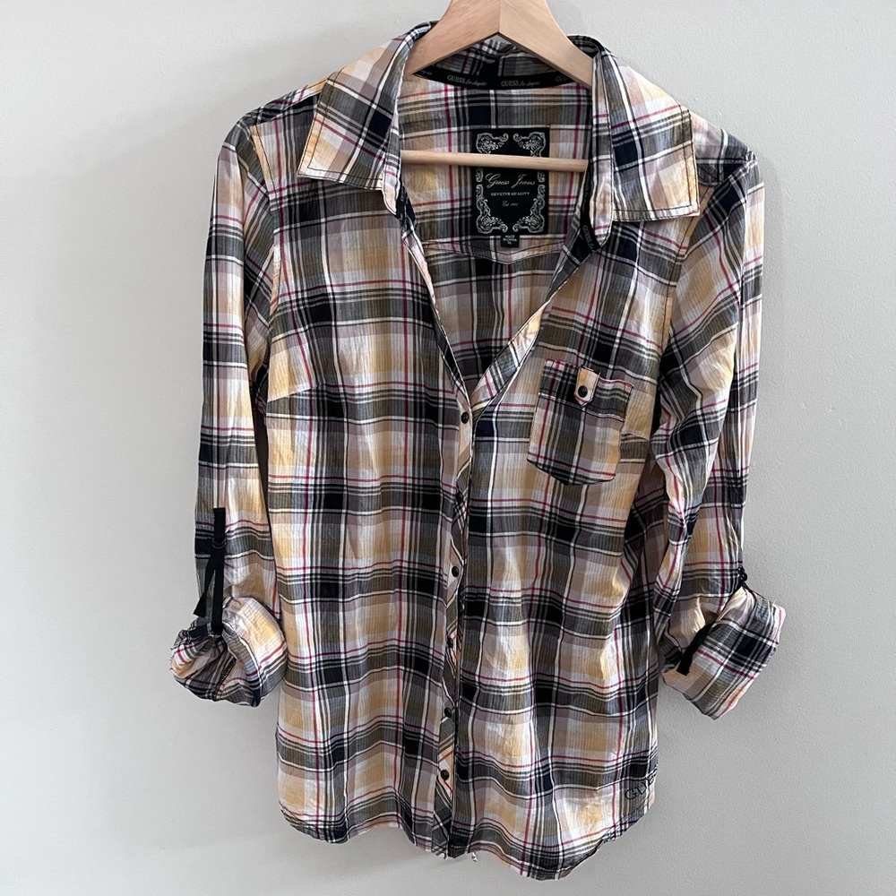 Vintage Guess Plaid Snap Button Shirt‎ XL Black Yellow White Cotton Sequin Logo